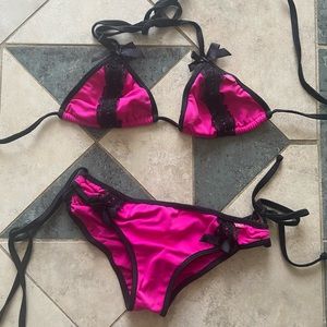 China Doll pink and black lace bikini. S/M top S/M bottom.